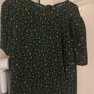 Reformation Dark Green Floral Blouse with Pink Accents